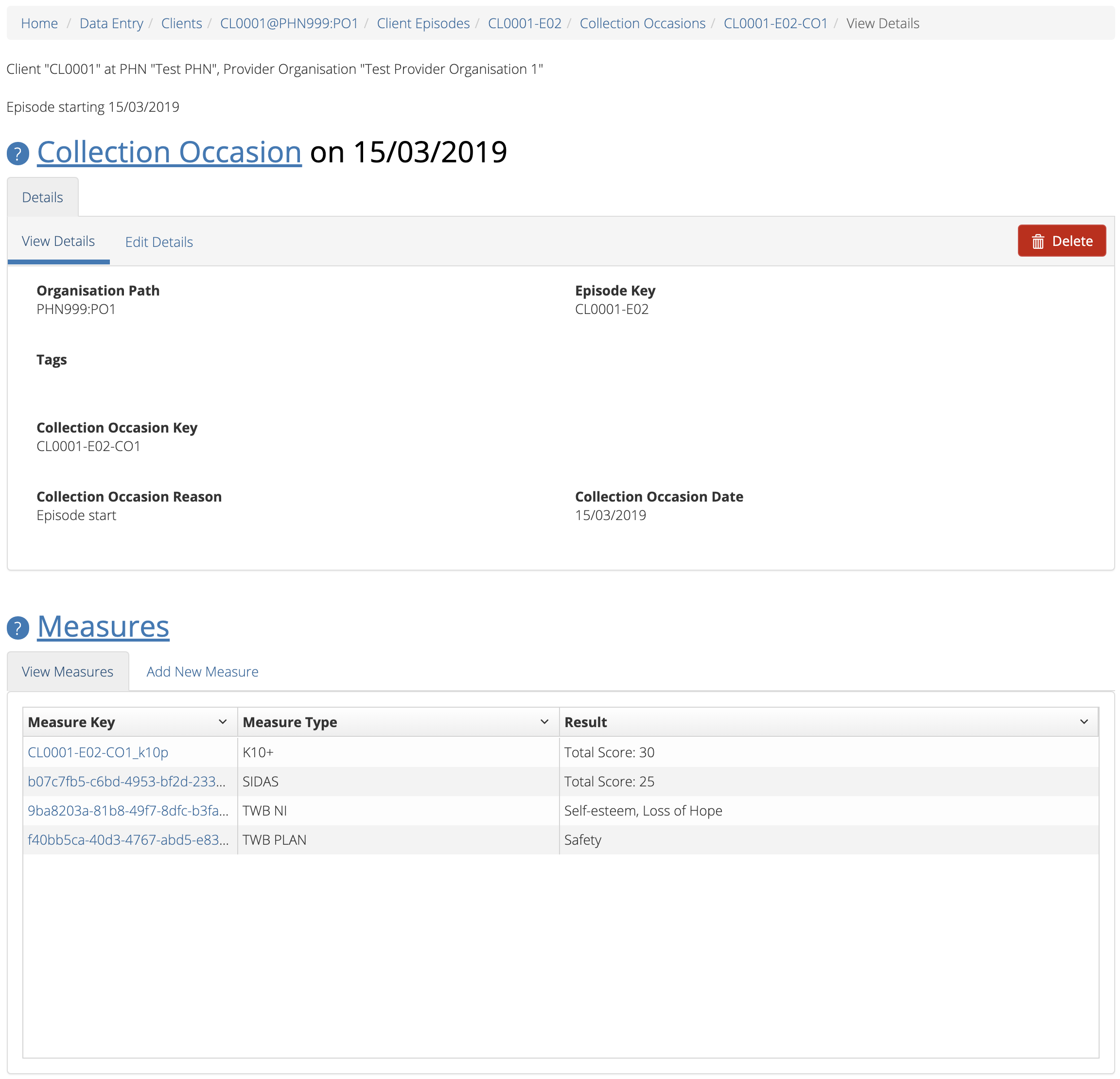 Client Episode Collection Occasions Details View