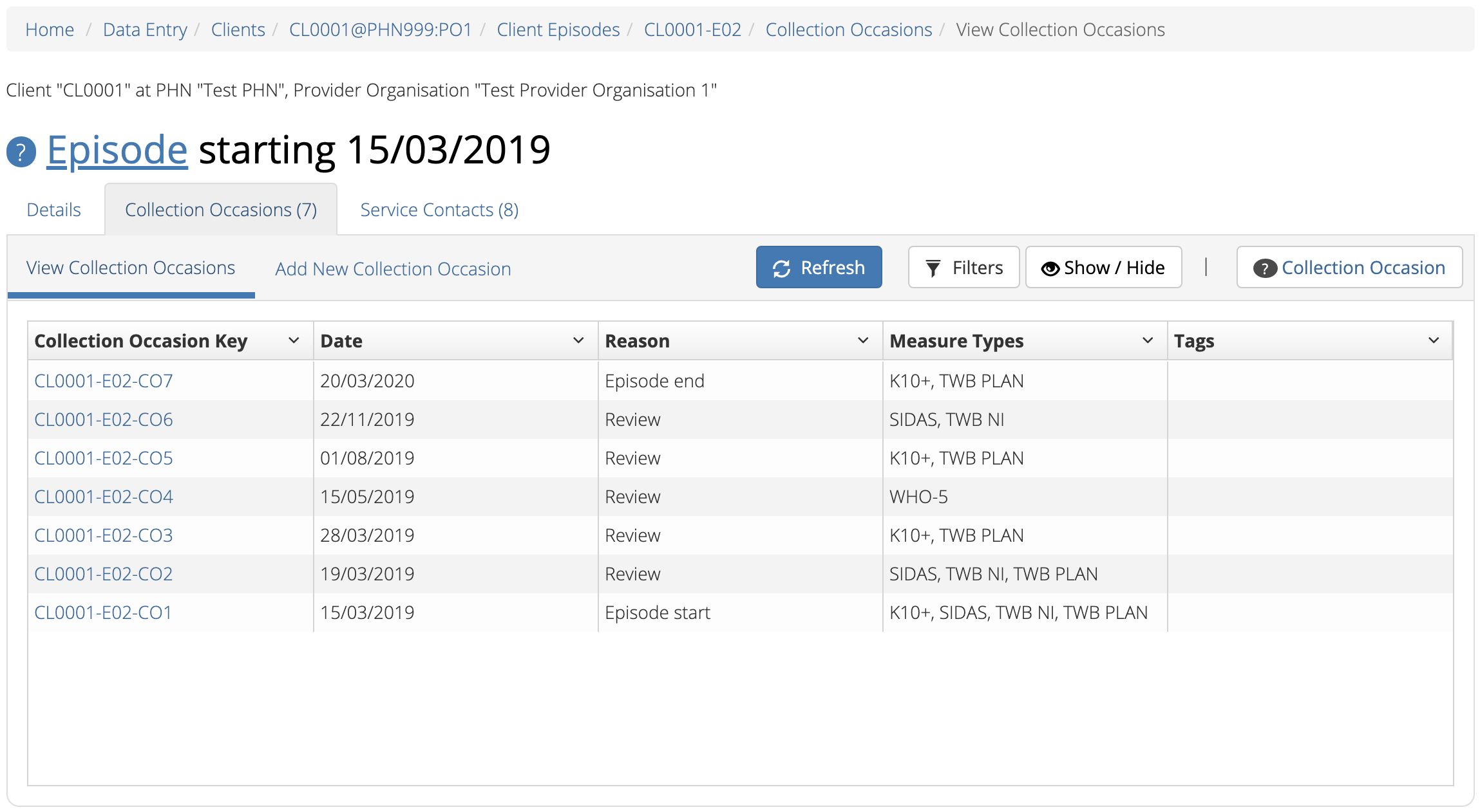 Client Episode Collection Occasions Table View