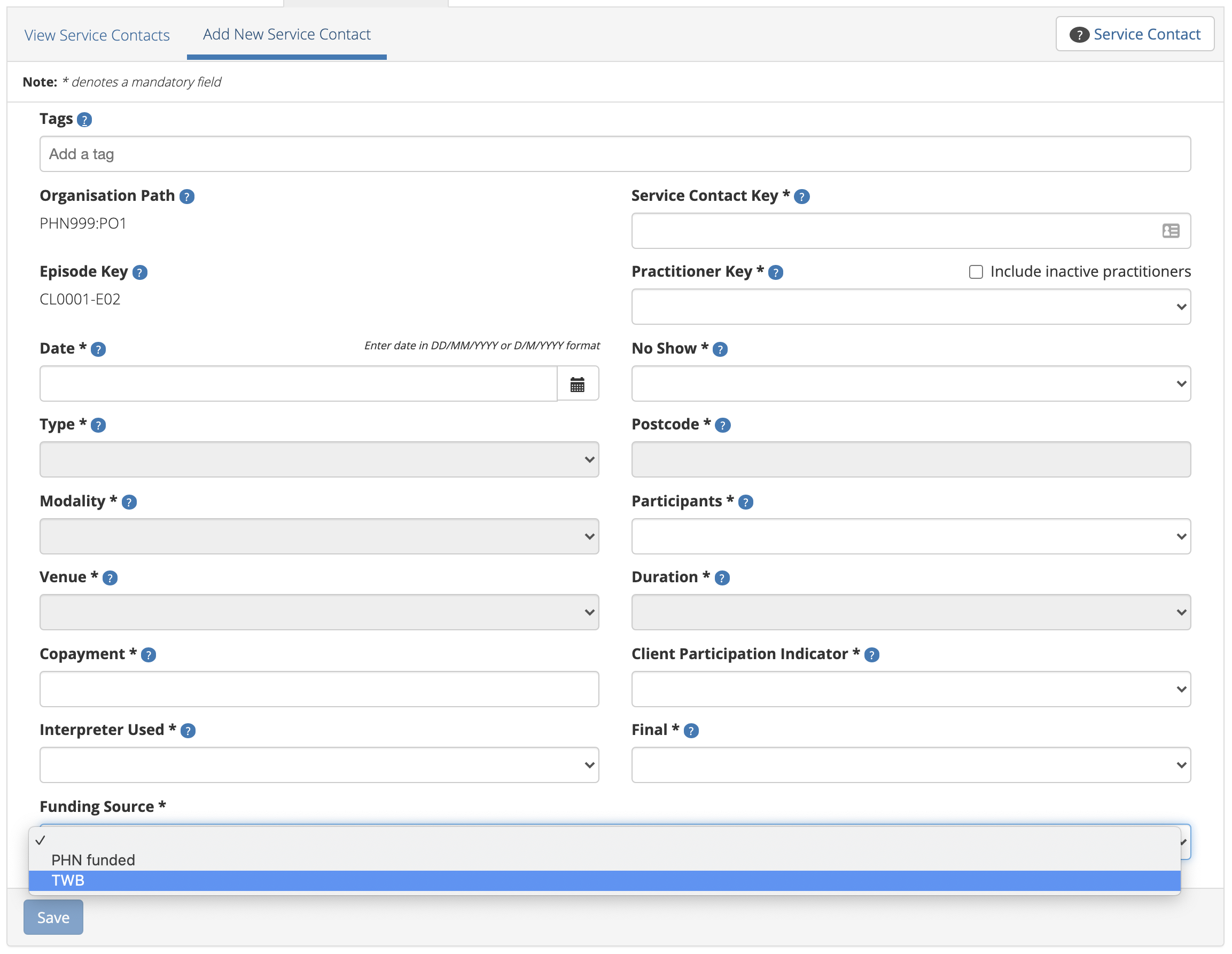 Client Service Contact Funding Source