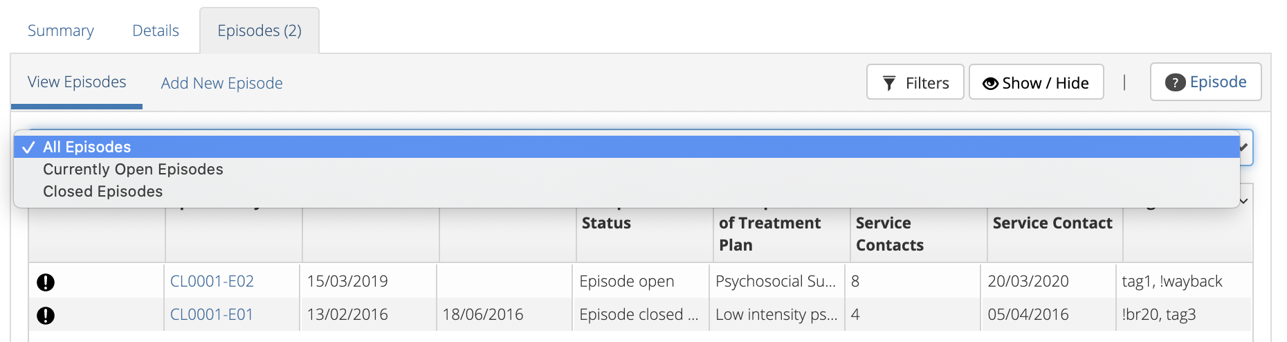 Client Episodes Sort View