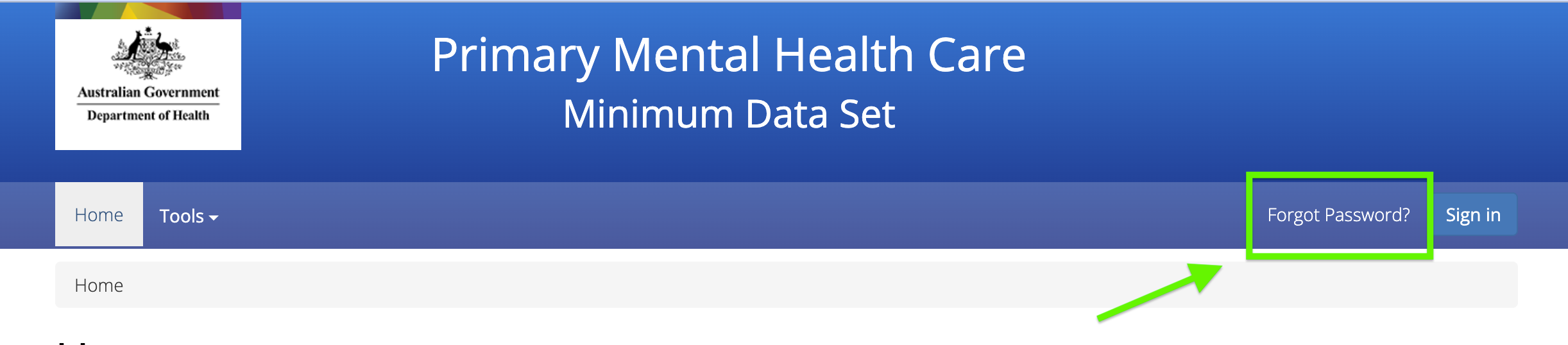 PMHC MDS Forgot Password Link