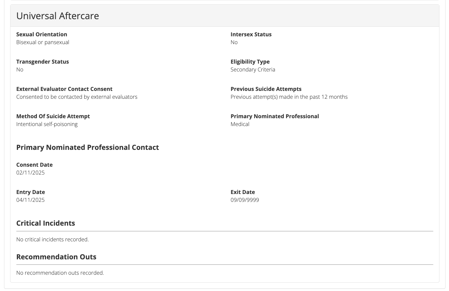 Client Data View Universal Aftercare Episode